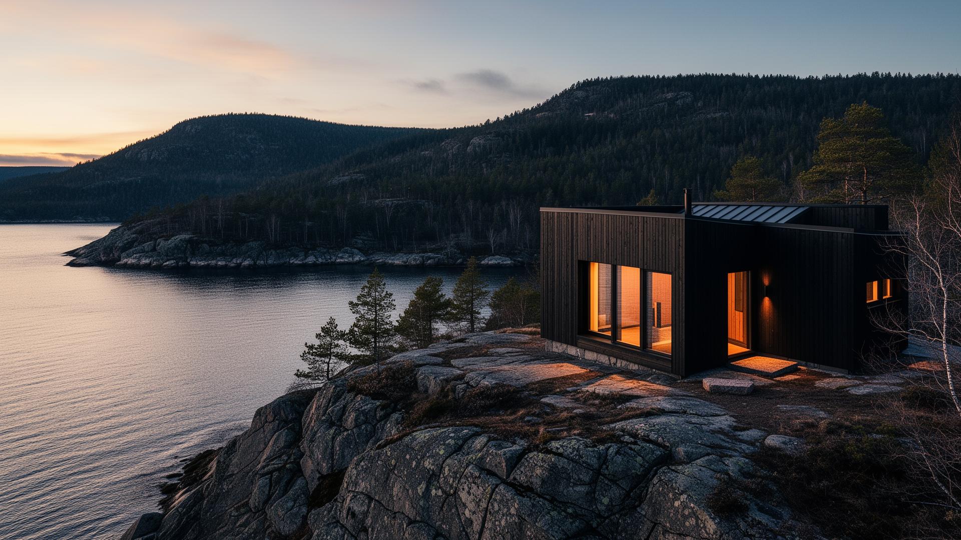 Modernt mörkpanelat boende vid Höga Kustens fjord i skymning