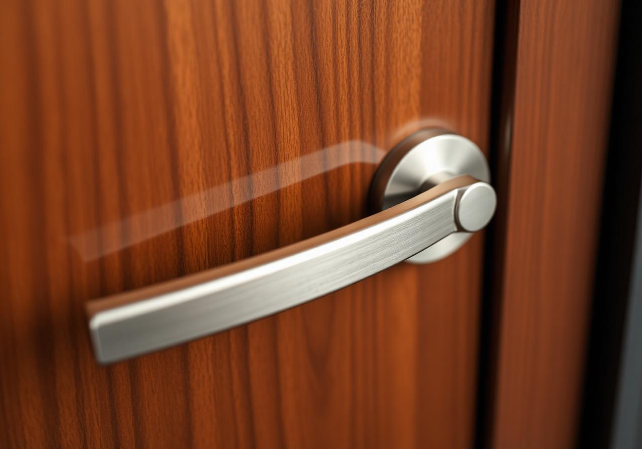 Detalj av modernt borstat stålhandtag på trädörr